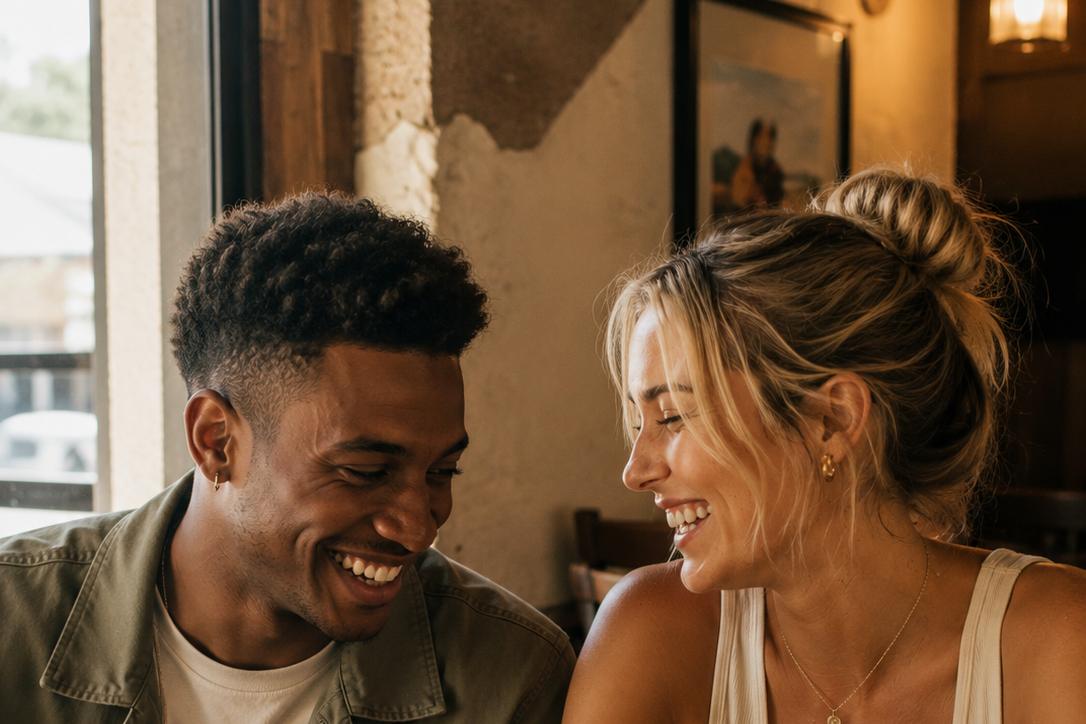 Two friends laughing together over lunch at a warm, sunlit restaurant