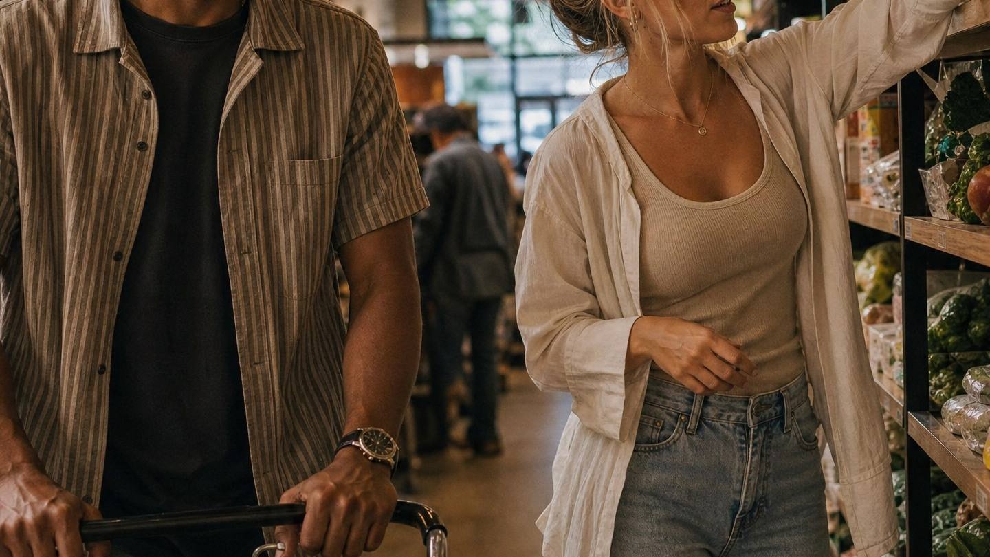 A couple grocery shopping together, choosing fresh produce at a market